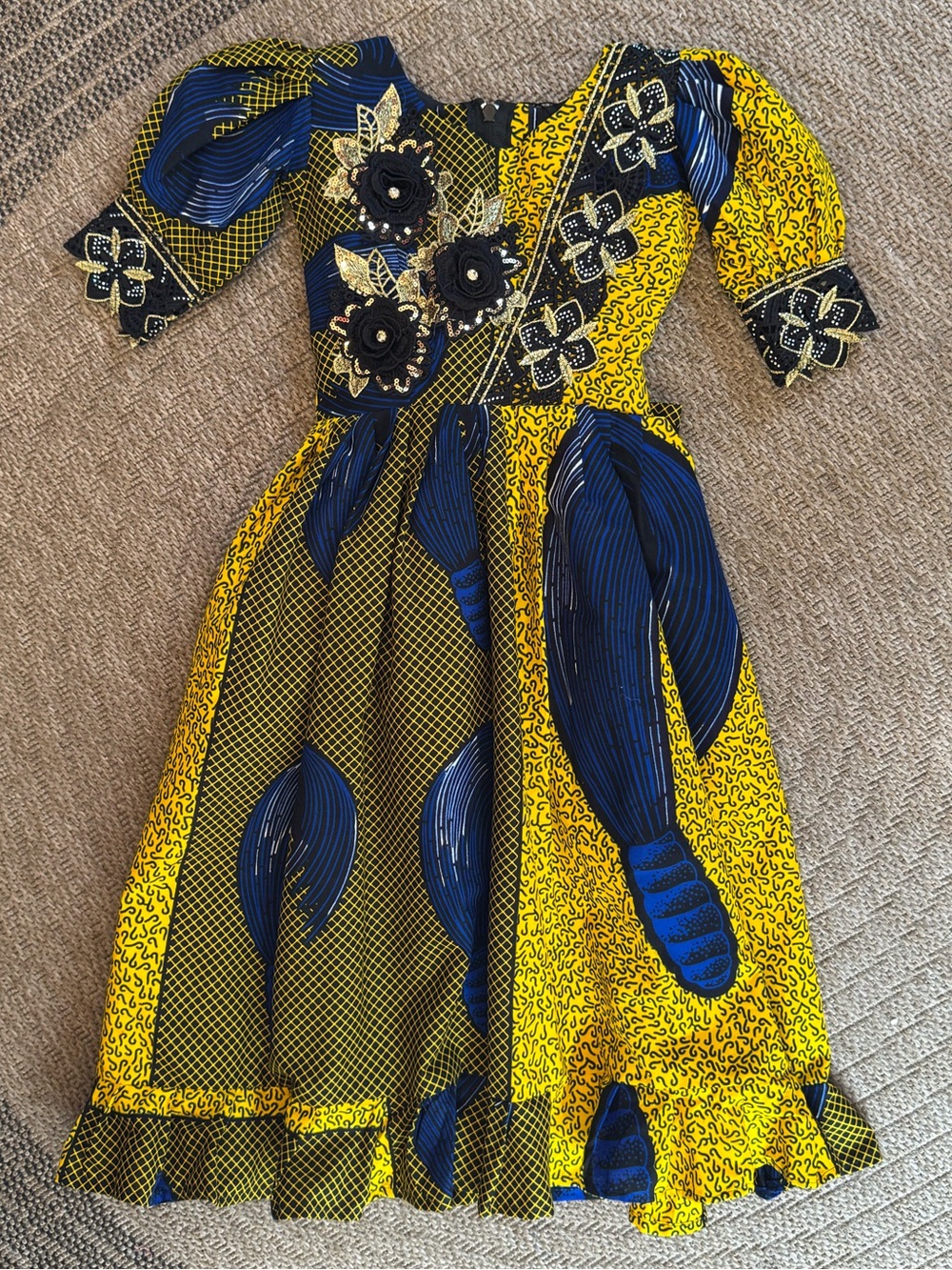 African Wax Print Ankara Children’s short sleeve maxi dress gown lace flower bow - Picture 3 of 16